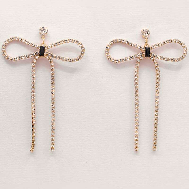 

1pair Rhinestone Engraved Bow Decor Drop Earrings, Gold