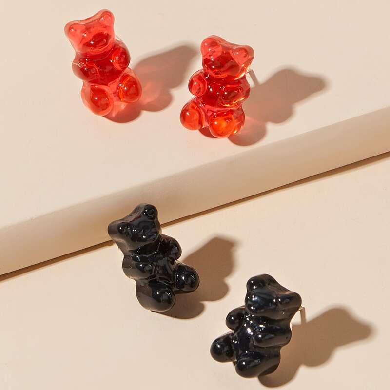 

2pairs Bear Stud Earrings, Multicolor