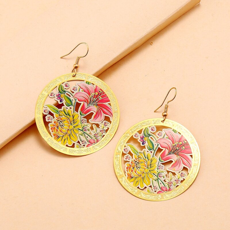 

1pair Flower Pattern Round Drop Earrings, Multicolor