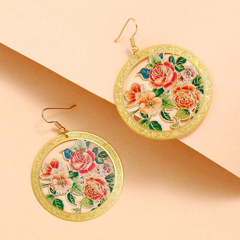 

1pair Flower Pattern Round Drop Earrings, Multicolor