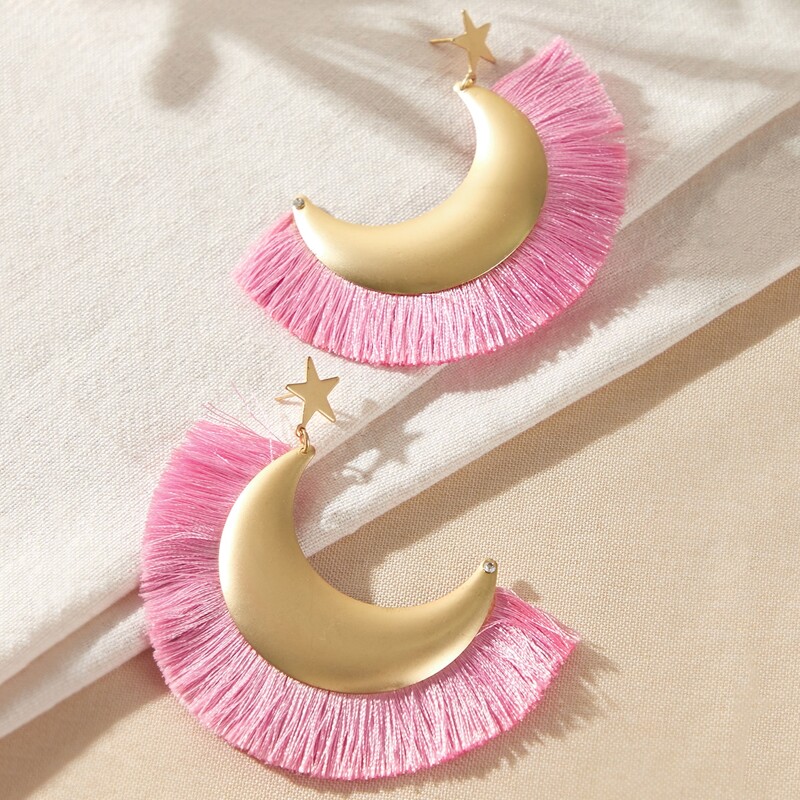 

1pair Star & Moon Design Fan Tassel Drop Earrings, Multicolor