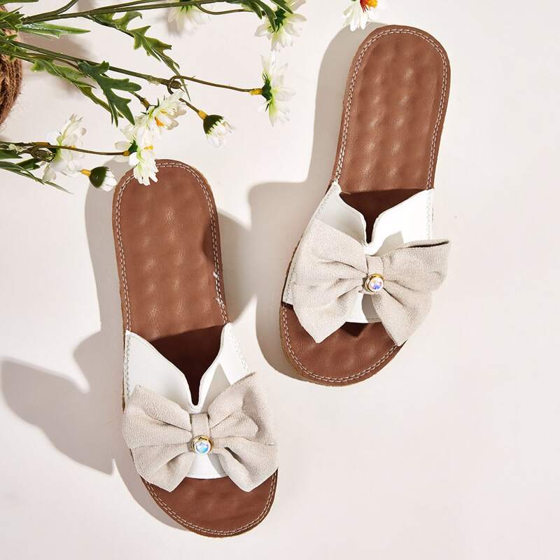 

Bow Open Toe Sliders, White