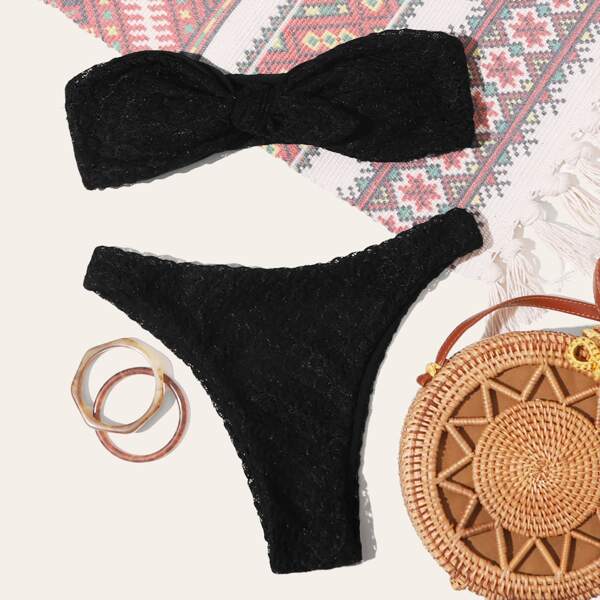

Knot Bandeau High Leg Bikini Swimsuit, Black