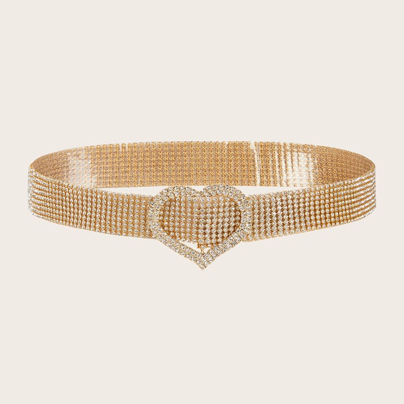 

Rhinestone Engraved Heart Buckle Belt, Gold