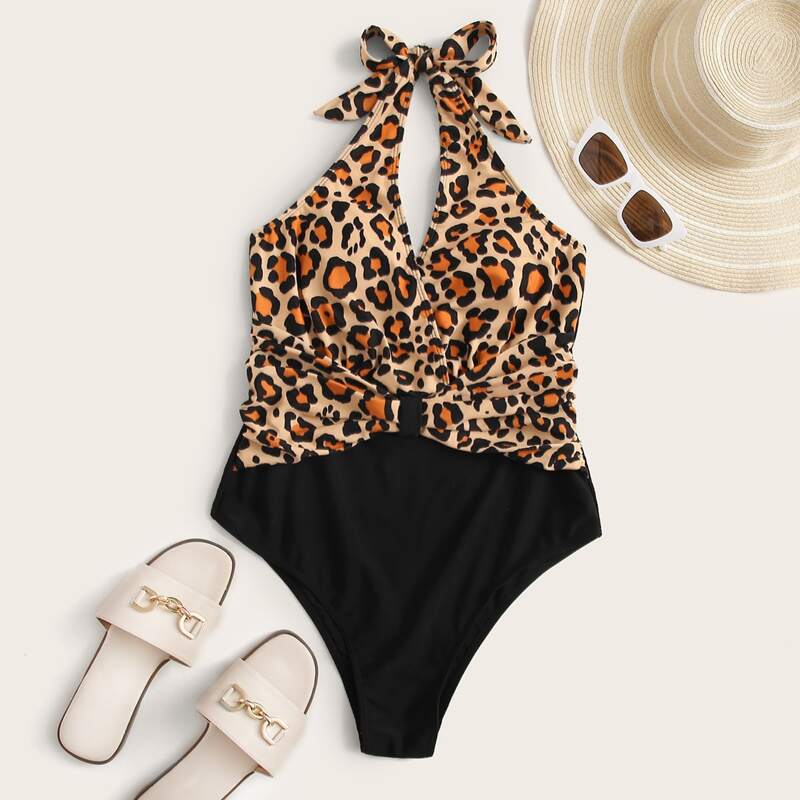 

Leopard Knot Halter One Piece Swimsuit, Multicolor
