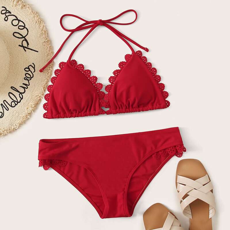 

Scallop Trim Halter Triangle Bikini Swimsuit, Red