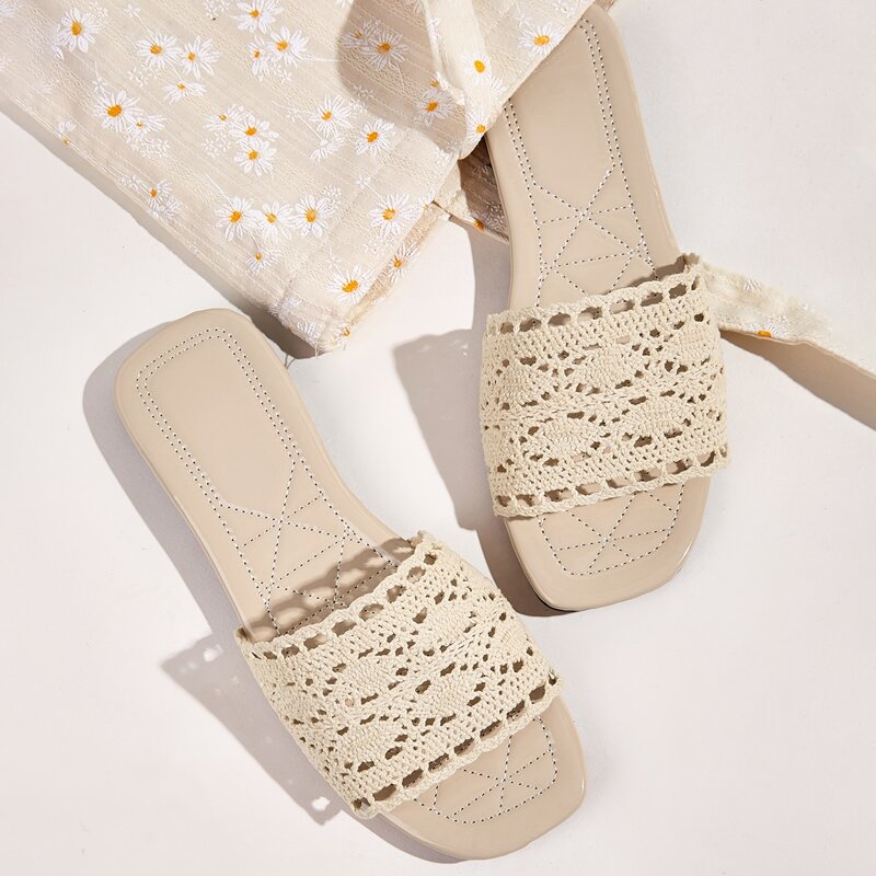 

Crochet Open Toe Sliders, Beige