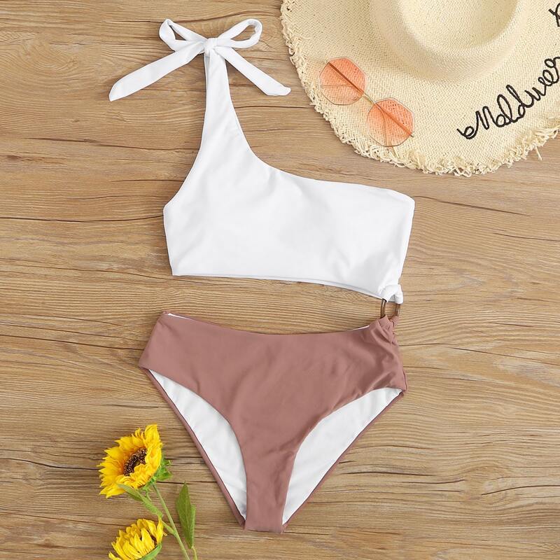 

Two Tone Ring Linked One Shoulder One Piece Swimsuit, Multicolor
