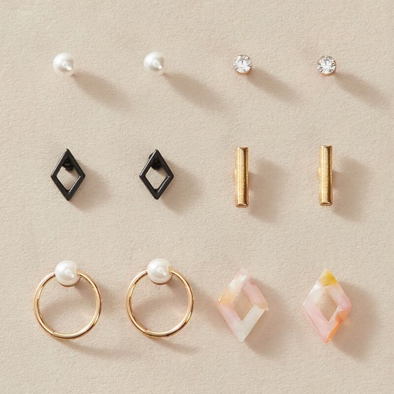 

6pairs Faux Pearl Rhinestone Engraved Earrings, Multicolor