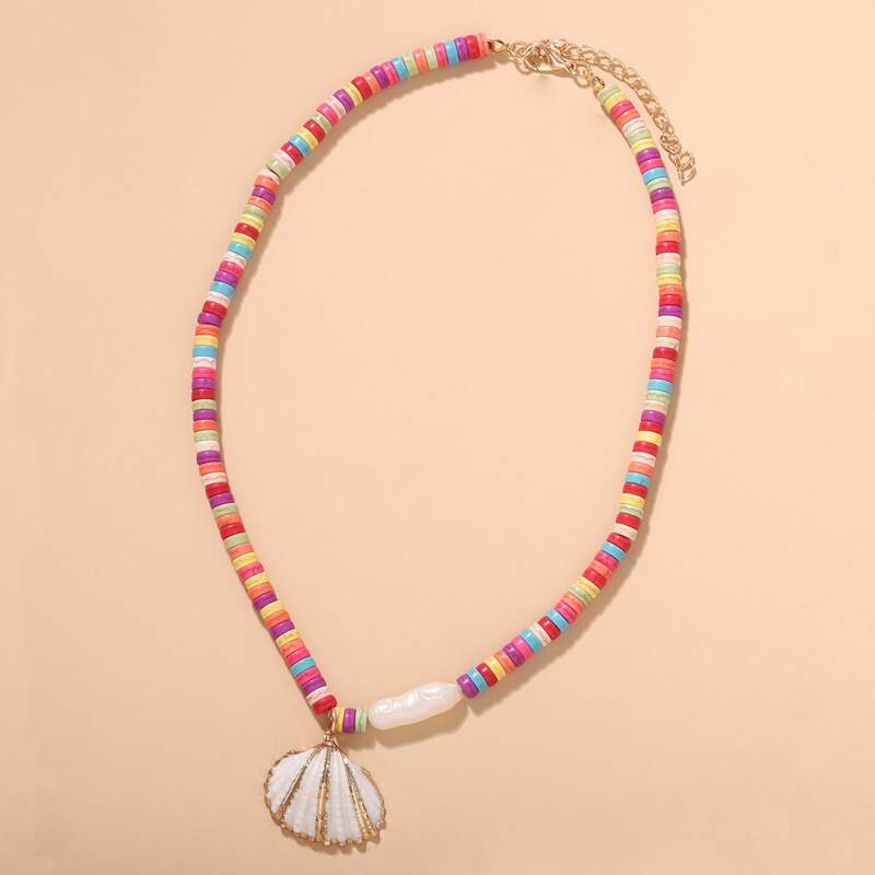 

1pc Shell Charm Beaded Necklace, Multicolor