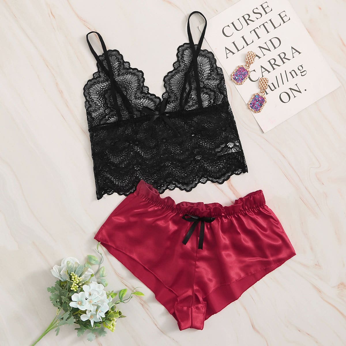 

Floral Lace Bralette With Satin Shorts, Multicolor