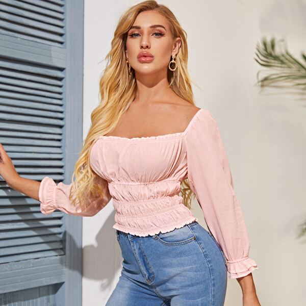 

Square Neck Tie Back Ruched Blouse, Pink