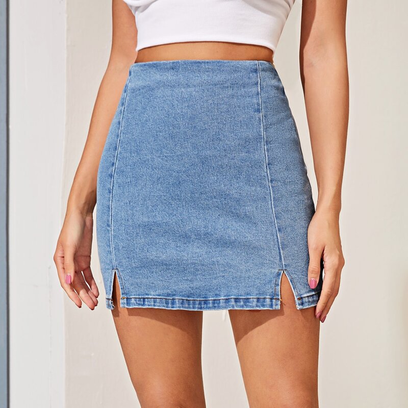 

Side Split Zip Back Denim Skirt, Blue