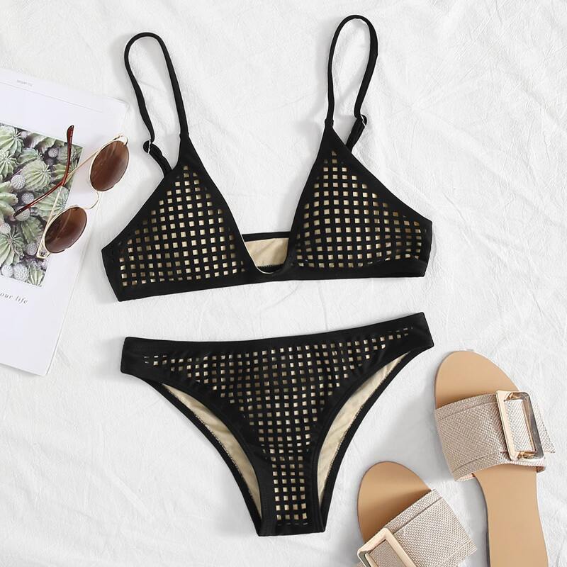 

Adjustable Strap Hollow Out Bikini Swimsuit, Black