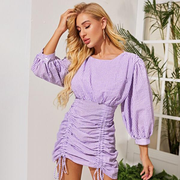 

Gingham Drawstring Front Ruched Dress, Purple