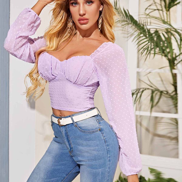 

Ruched Bust Swiss Dot Shirred Crop Blouse, Purple