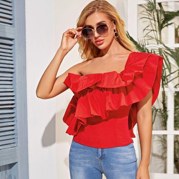 

Asymmetrical Neck Backless Ruffle Shirred Top, Red