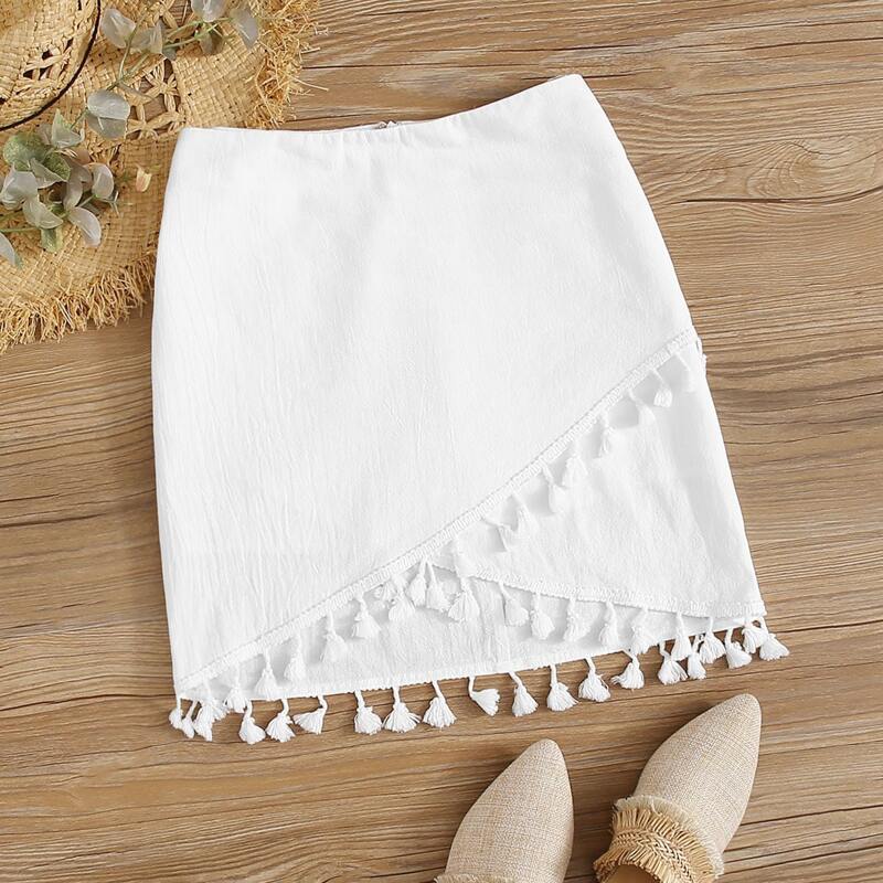 

Tassel Trim Asymmetrical Hem Skirt, White