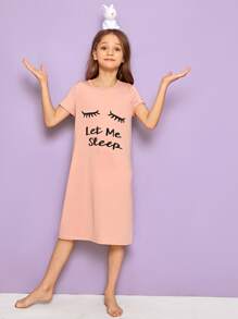 SHEIN 女孩睫毛和標語圖案睡衣
