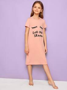 SHEIN 女孩睫毛和標語圖案睡衣
