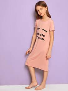 SHEIN 女孩睫毛和標語圖案睡衣