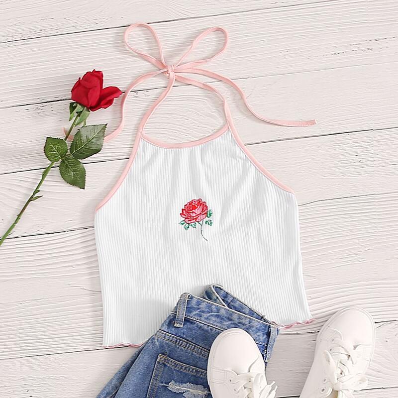 

Rose Graphic Halter Top, White
