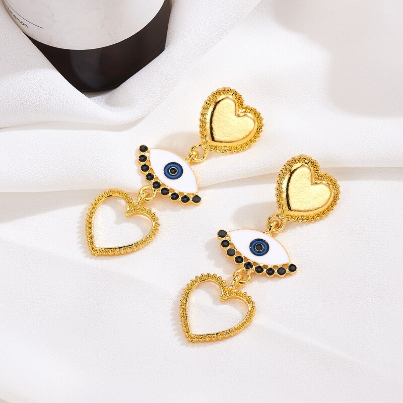 

1pair Rhinestone Engraved Heart & Evil Eye Charm Drop Earrings, Multicolor