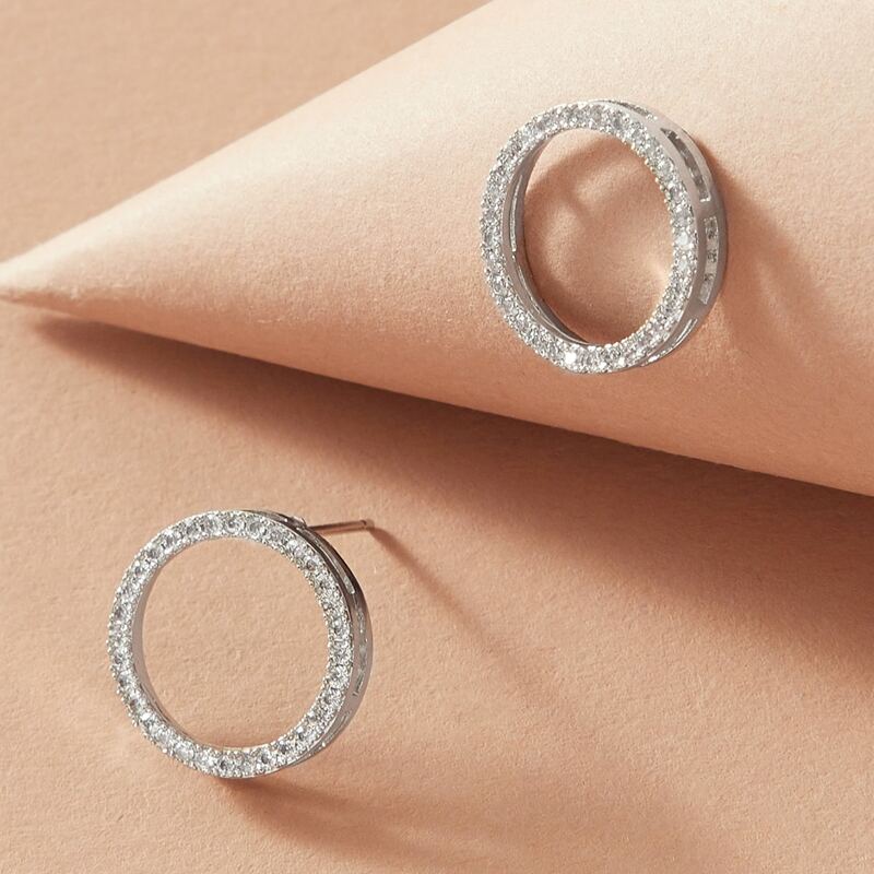 

1pair Rhinestone Decor Round Stud Earrings, Silver