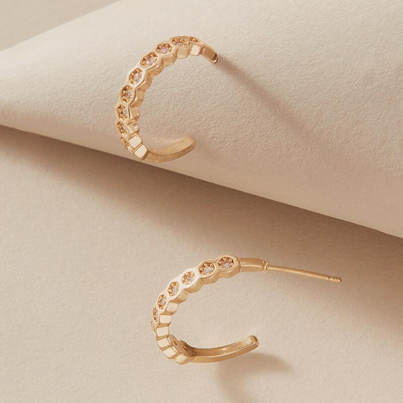 

1pair Rhinestone Engraved Cuff Hoop Earrings, Gold