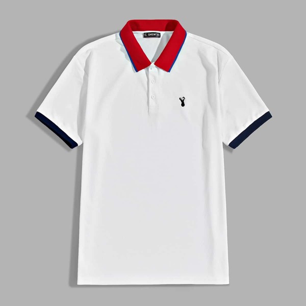

Men Contrast Trim Deer Embroidered Polo Shirt, White