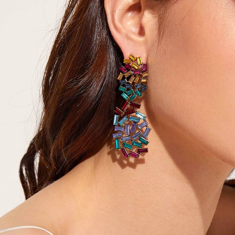 

1pair Rhinestone Engraved Earrings, Multicolor