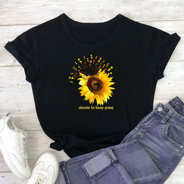 

Letter & Sunflower Print Tee, Black
