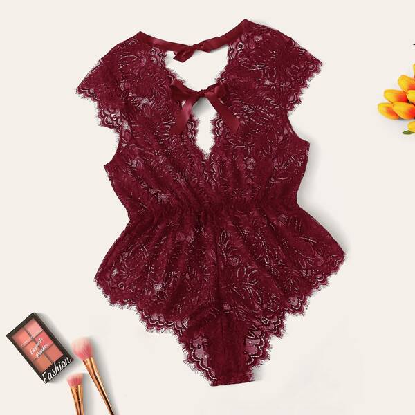 

Plus Floral Lace Romper Bodysuit, Burgundy