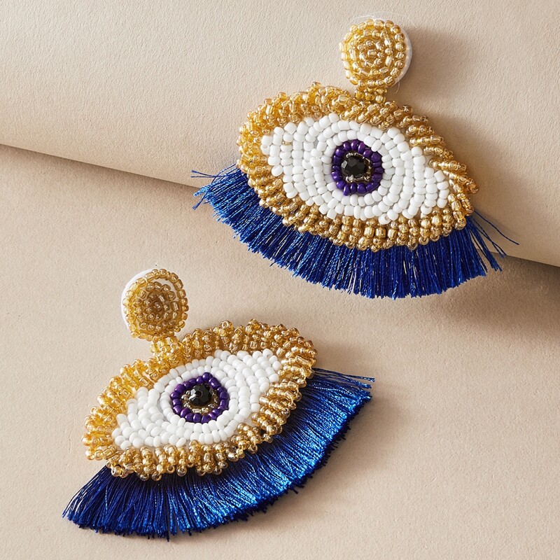 

1pair Beaded Eye & Tassel Decor Earrings, Multicolor