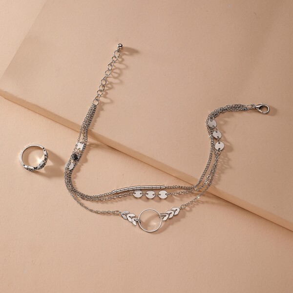 

1pc Round Decor Layered Anklet & 1pc Toe Ring, Silver