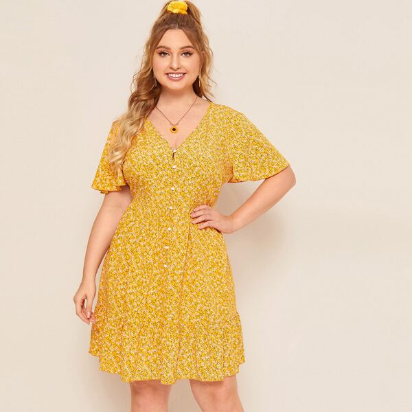 

Plus Ruffle Hem Button Front Ditsy Floral Dress, Yellow