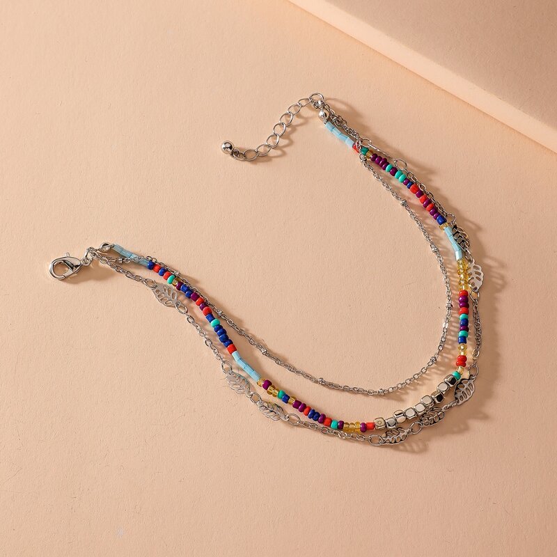 

1pc Hollow Out Leaf Decor Beaded Layered Anklet, Multicolor