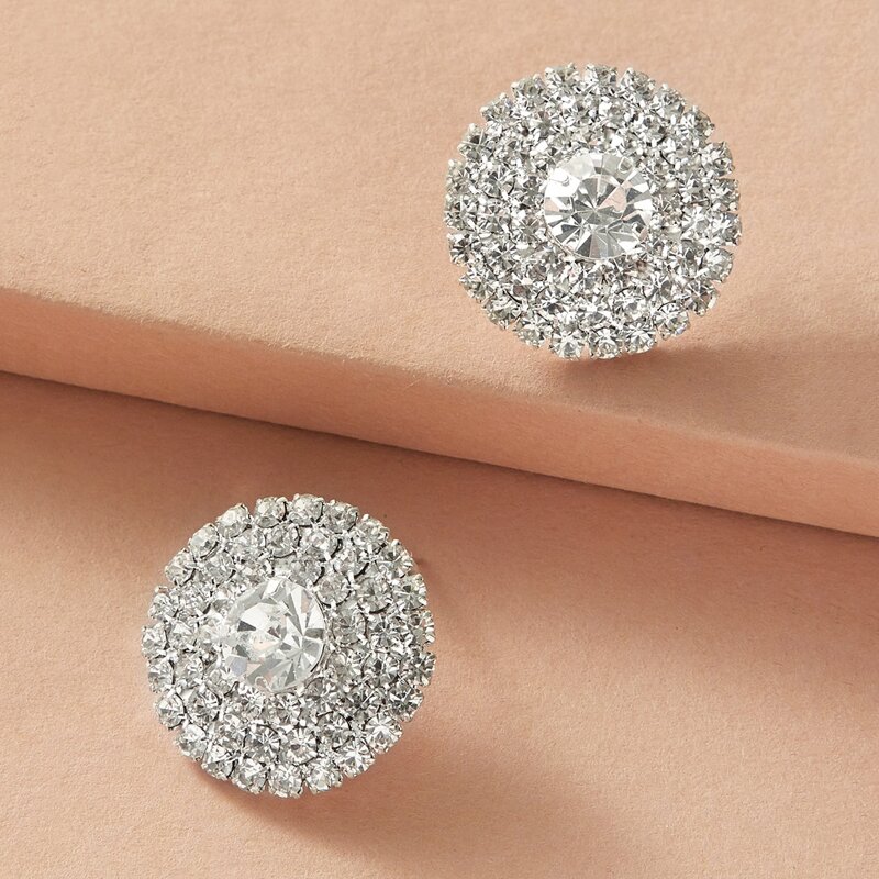 

1pair Rhinestone Decor Round Stud Earrings, Silver