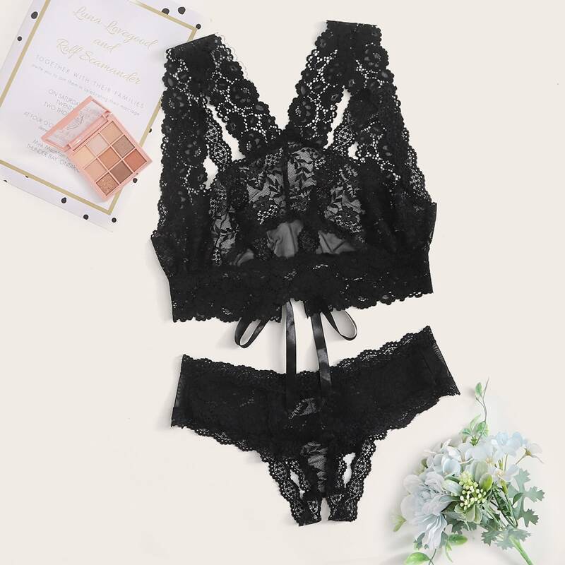Floral Lace Crotchless Lingerie Set, Black