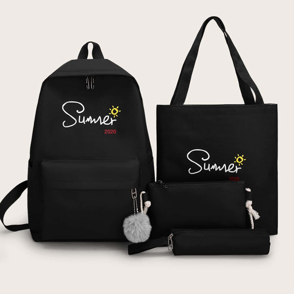 

4pcs Letter Graphic Backpack With Pencil Case, Black