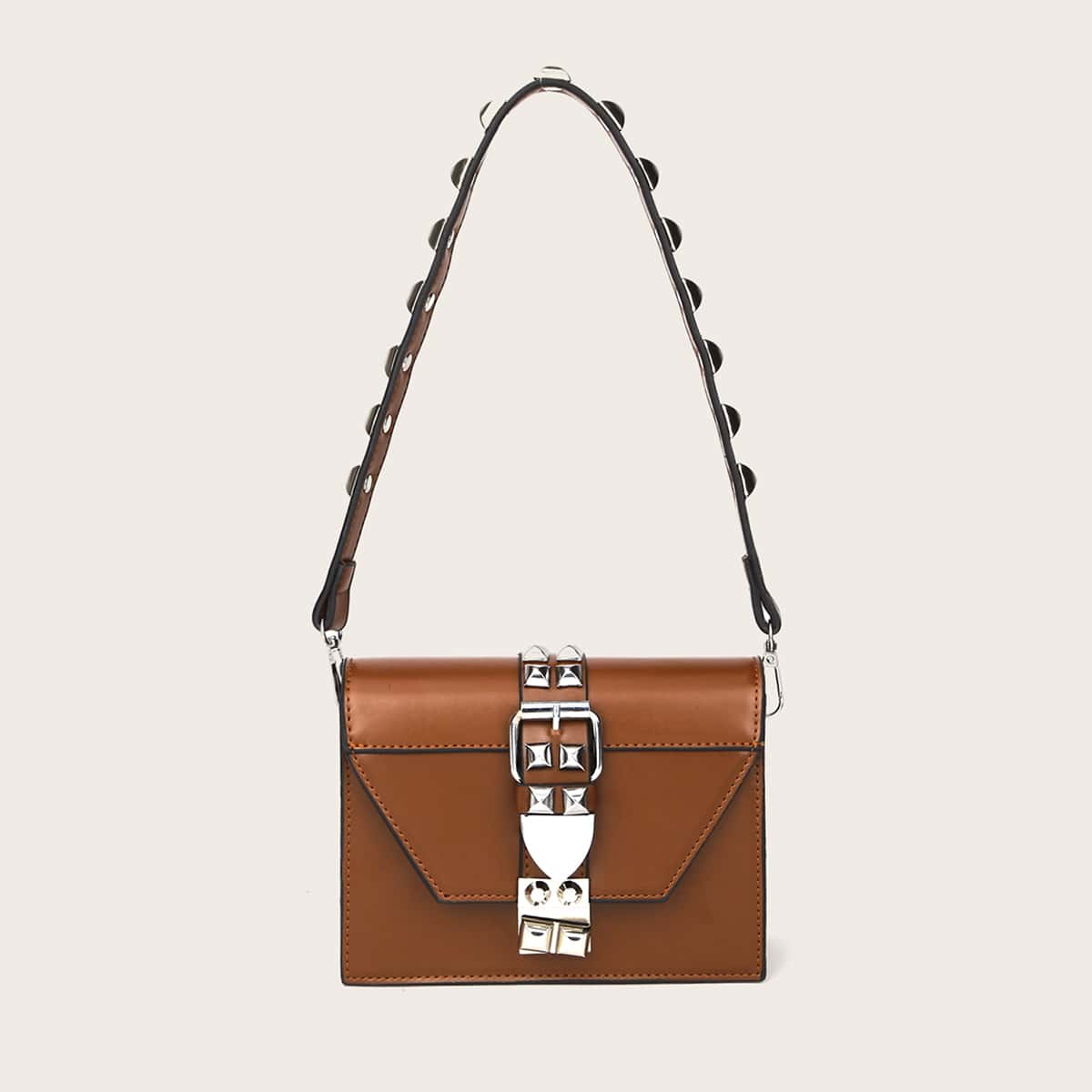 

Spiked Decor Shoulder Bag, Brown