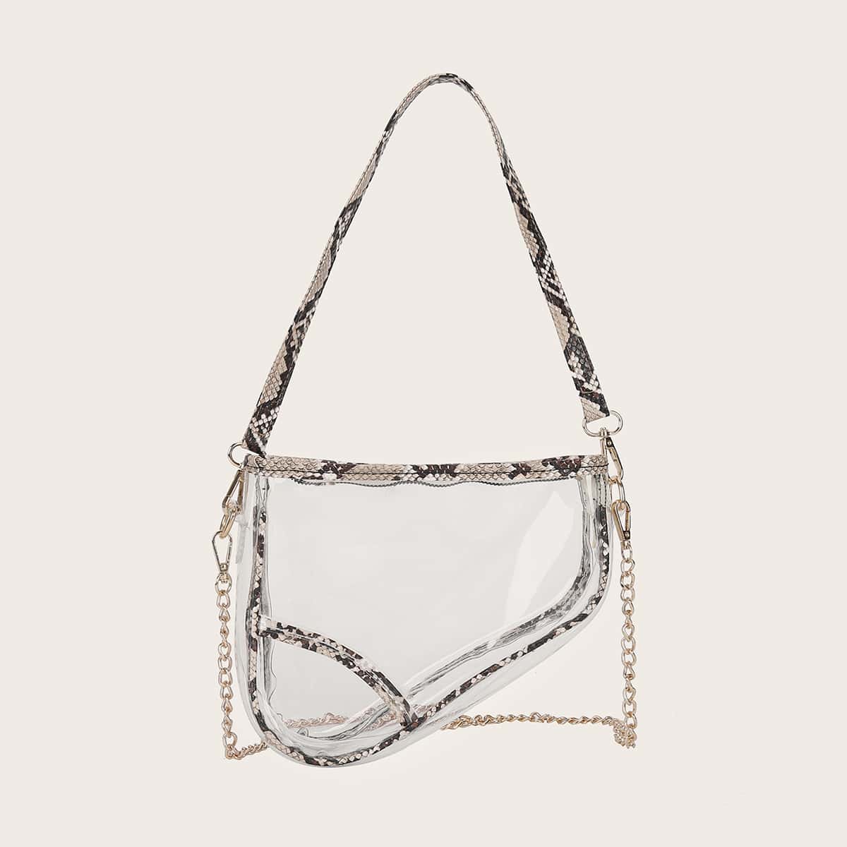 

Asymmetrical Snakeskin Panel Clear Tote Bag