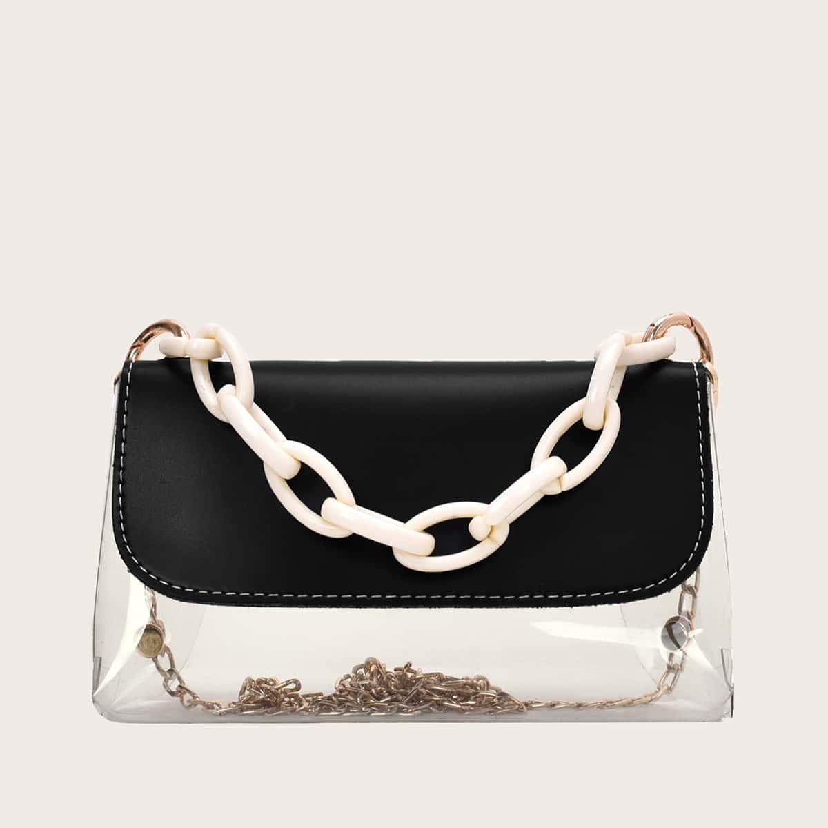 

Chain Handle Clear Satchel Bag, Black