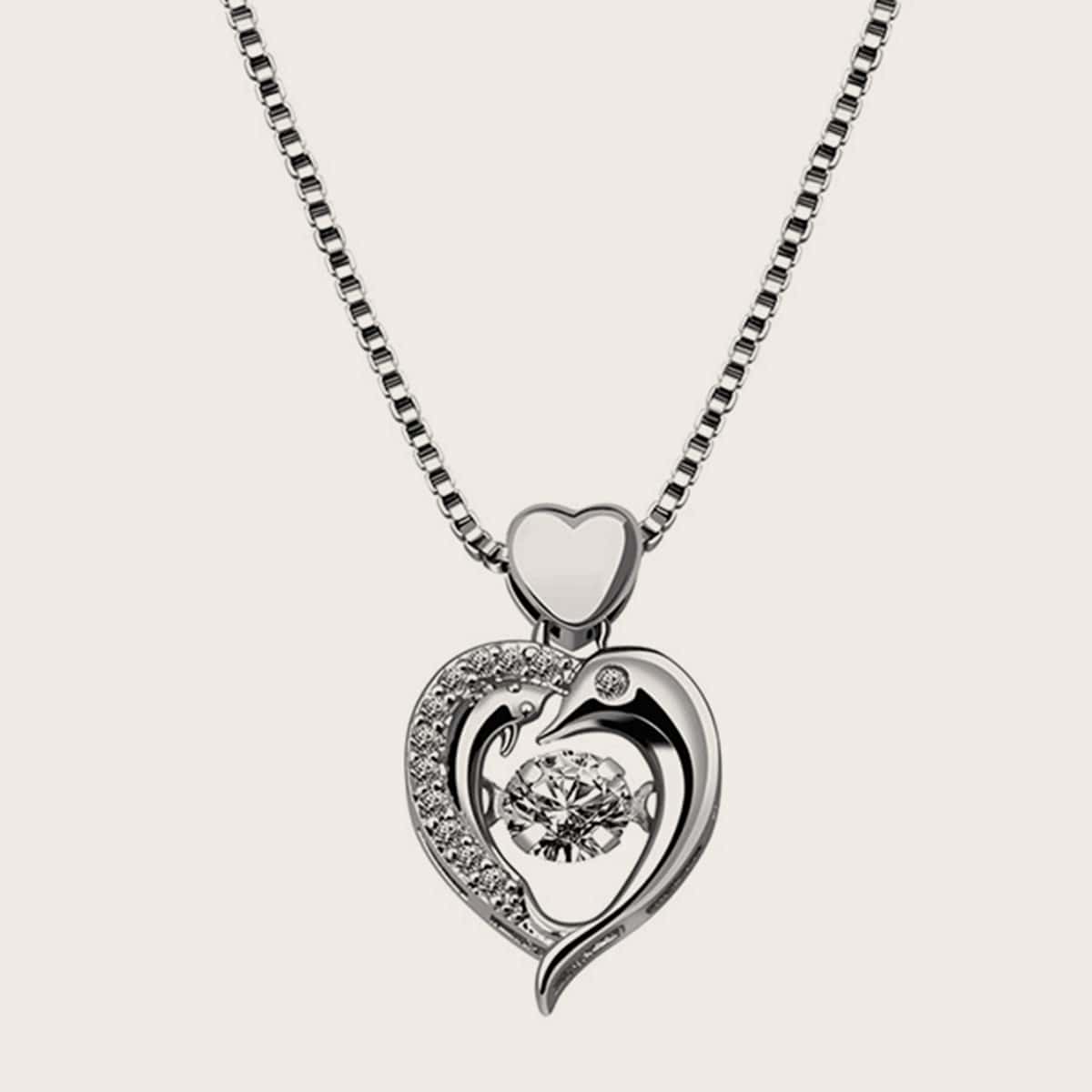

1pc Beating Heart Rhinestone Engraved Pendant Necklace, Silver