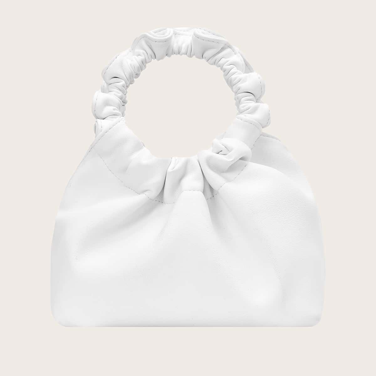 

Ruffle Round Handle Satchel Bag, White