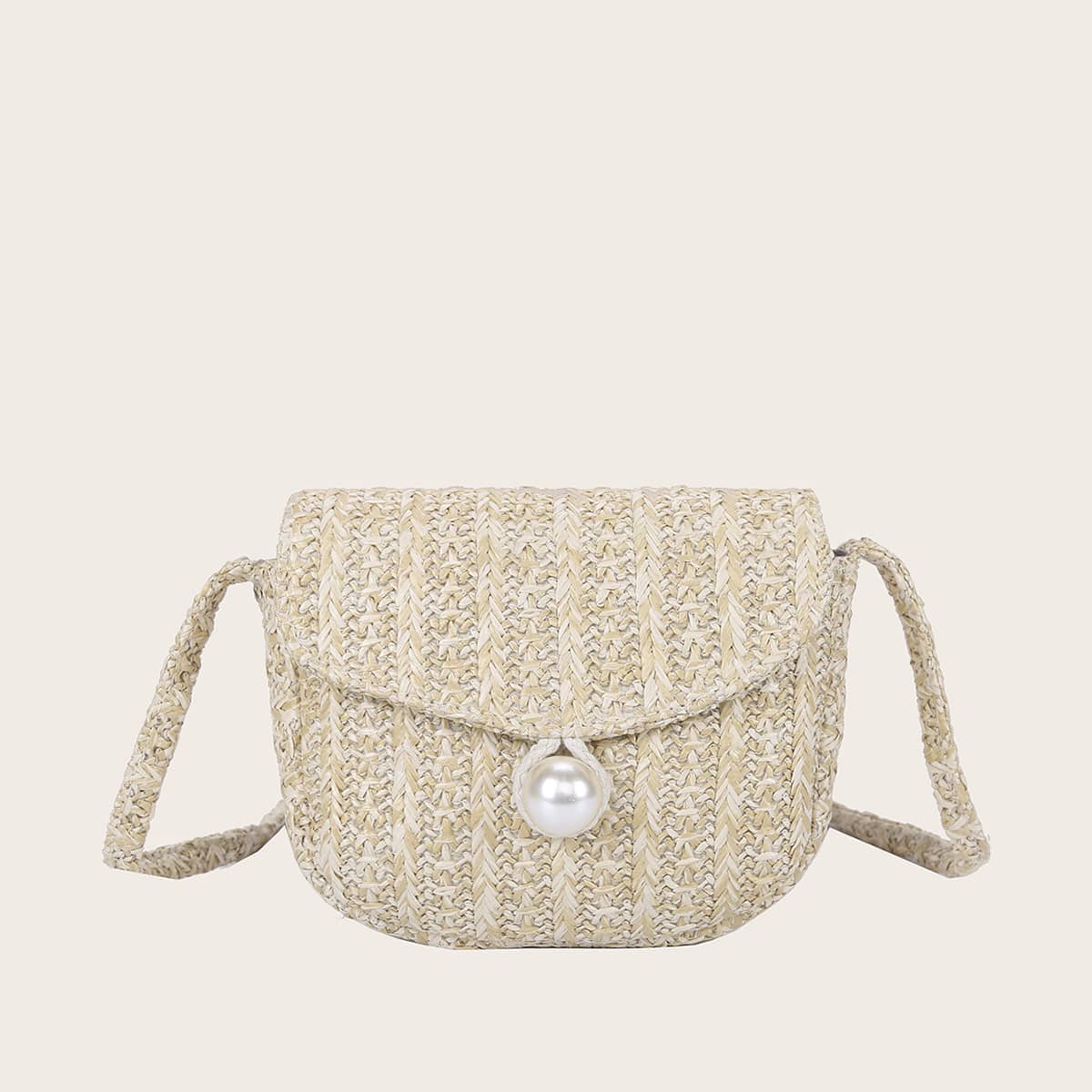 

Faux Pearl Decor Woven Crossbody Bag, Beige