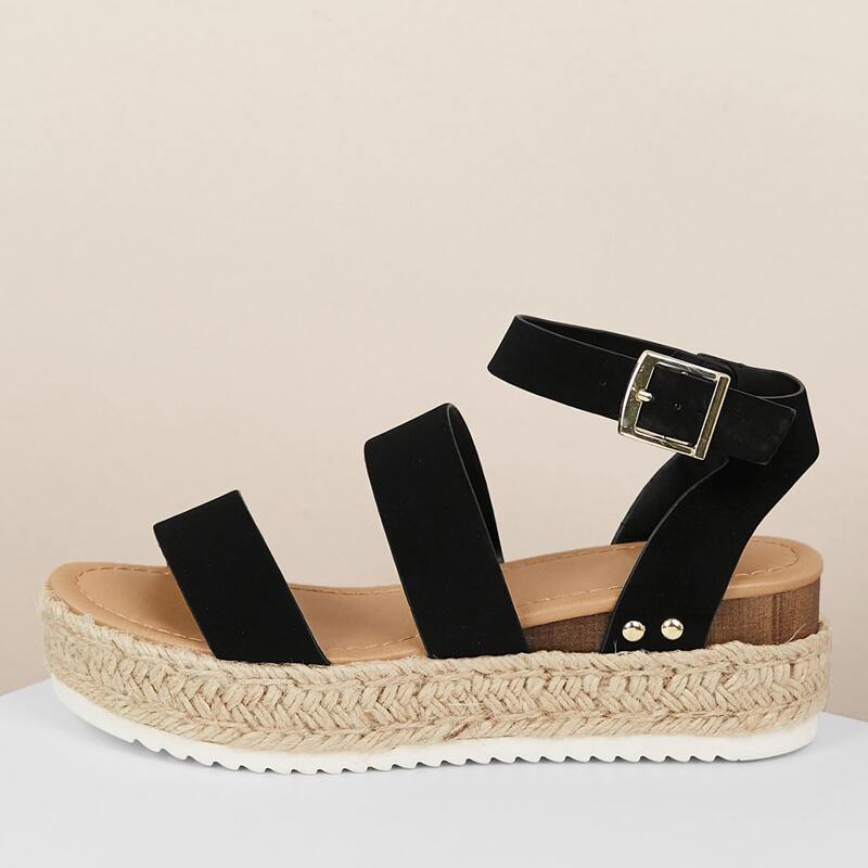 

Double Band Jute Trim Flatform Sandals, Black