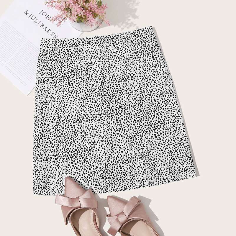 

Allover Print Split Mini Skirt, Black and white
