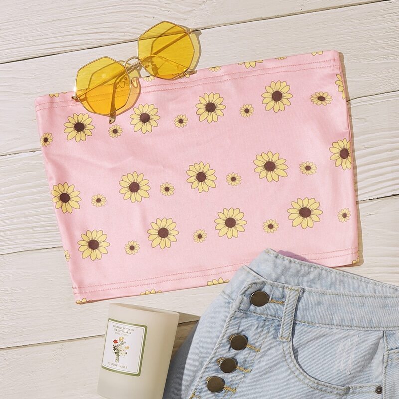 

Flower Allover Print Tube Top, Pink