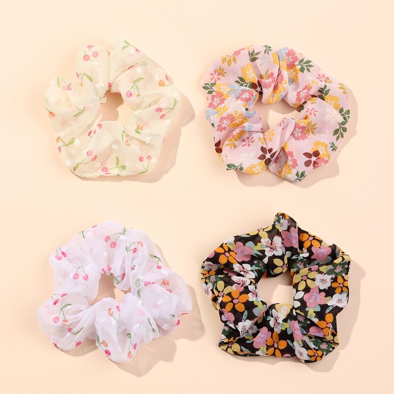 

4pcs Flower & Fruit Pattern Scrunchie, Multicolor
